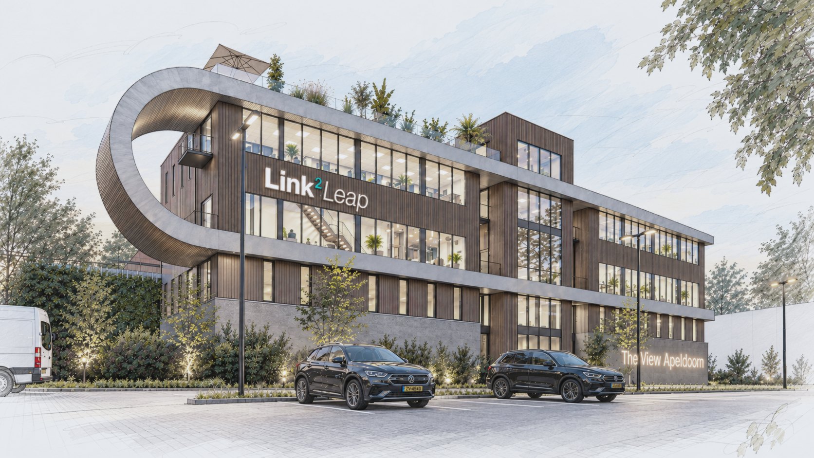 Visualisatie van The View Apeldoorn, het kantoorgebouw waar Link2Leap is gevestigd